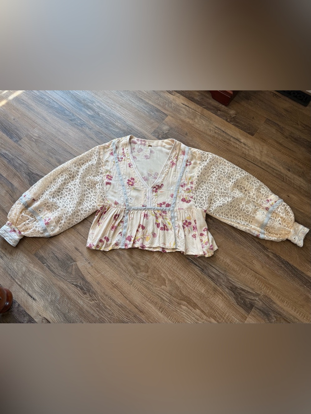 Free People Cream Blouse with Pink Floral Print and Lace Sleeves